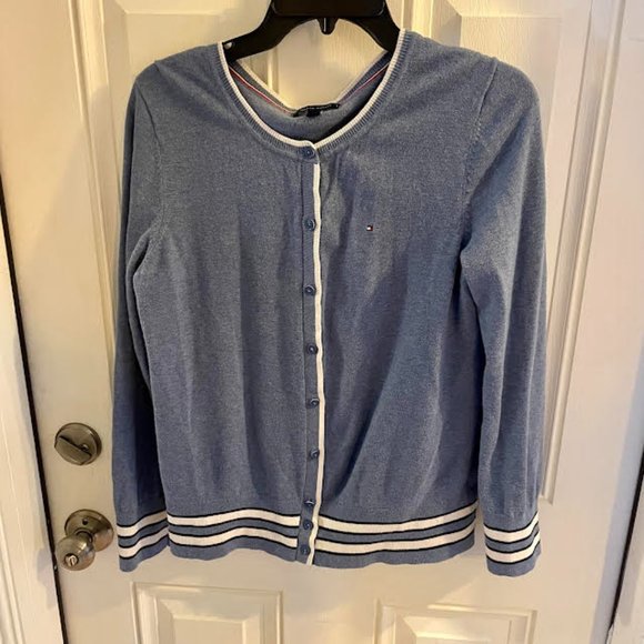 Tommy Hilfiger Sweaters - Tommy Hilfiger Light Blue Striped Edge Cardigan: Size L